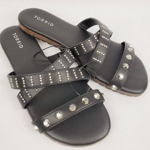 Torrid Black Rivet Strappy Slip On Flat Sandals